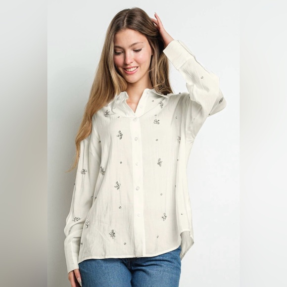 NWT EMERY Rhinestone Embellished Long Sleeve Shirt | Ivory - Picture 6 of 7